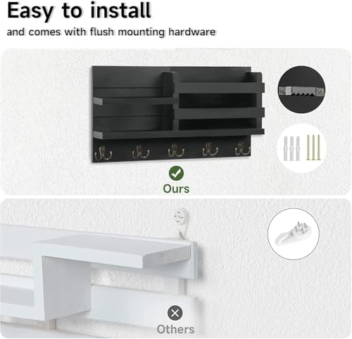 Image of Wooden Wall Mounted Key Holder with Hooks and Organizer Shelf Wall Rack for Letters Wallets and Accessories Home and Office Wall (Black, Elegant Mail Organizer)