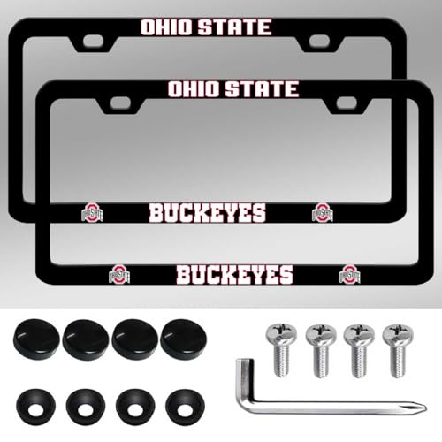 2 Pack Premium Slim Matte Black License Plate Frames for Ohio State Rust-Free Stainless Steel Rattle-Free Street Legal Thin Metal Front & Rear Car Tag Holders for OSU Universal with Screw Caps