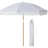 Talltalk 6 ft Blue Striped Beach Umbrella Outdoor Patio Scalloped Umbrella with Fringe Steel Pole, Steel Ribs and Carry Bag Tassel UPF 50+ UV Umbrella for Outdoor Patio Picnic Beach Garden Lawn Pool