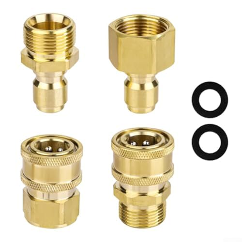Solaughguy Juego de 4 adaptadores de lavadora a presión M22-14 mm a 1/4 pulgadas con 2 juntas, accesorios de conexión rápida de latón para manguera de lavadora eléctrica, manguera de jardín, 5000 PSI