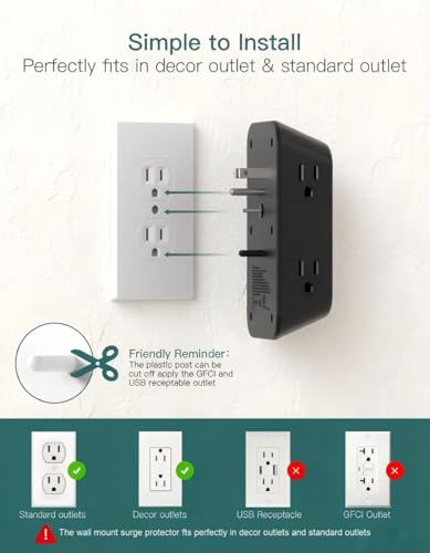 Image of Addtam 6-Outlet Extender Surge Protector, Multi Plug Wall Outlet with 4 USB Wall Charger(2 USB C Ports), Plug Extension Outlet with 1800J, Outlet Splitter Power Strip for Home Office, 2 Pack, Black