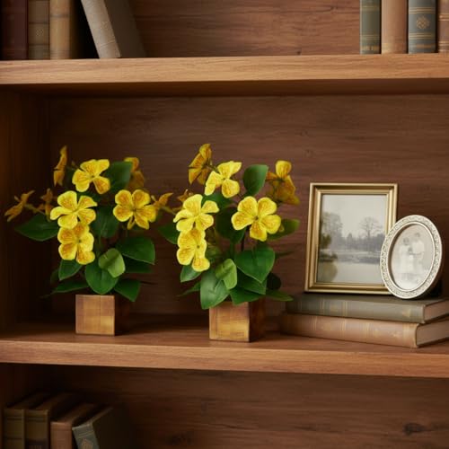 Image of fancymart Artificial Flower Plant Set of 2 with Wooden Pot - 23 cm Height | Real-Touch Faux Floral Decor for Home, Office, Living Room, Bedroom, Desk & Gift Purpose