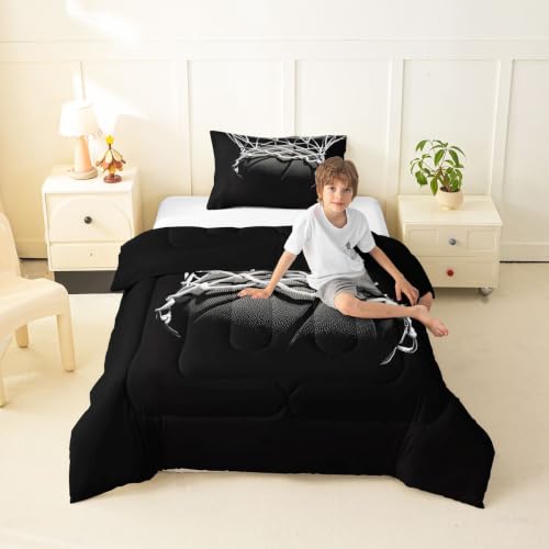 Image of Feelyou 3D Basketball Comforter Set Toddler Size Ball Pattern Bedding Set for Kids Boys Girls Sports Theme Duvet Quilt Bedroom Decor Microfiber 2 Pcs with 1 Pillow Case