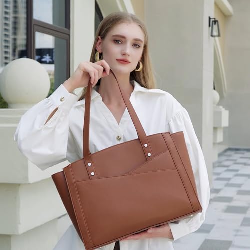 Image of MYHOZEE Work Tote Bag for Women PU Leather 15.6 Inch Laptop Bag | 3 Compartment, Large Capacity, Fits A4 folders, Purse Handbag for Office Work College Bussiness Travel Daily Used