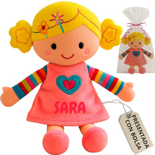Peluchilandia Muñeca de Trapo Personalizada - Regalo Bebe 1 año - Muñecas para niñas 2 años y más - Tacto Muy Suave 25cm Personalizadas con su Nombre para un Detalle Especial (Vestido Rosa)