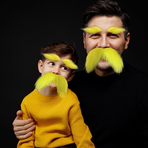 TCOTBE 2 Pieces Yellow Mustache and Eyebrows, Halloween Faux Beard Yellow Eyebrow Beard Set, Cosplay Halloween Costume Accessories for Costume and Halloween Festival Party
