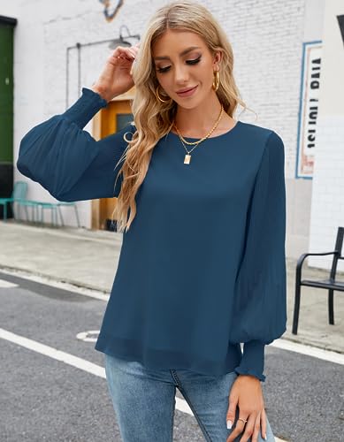 Image of Aifer Womens Tops Dressy Casual Long Sleeve Shirts Chiffon Blouses | Sheer Pleated Lantern Sleeves, Crew Neck, Back Keyhole, Versatile, Ideal for Office Workwear, Daily Outfits, Party Looks
