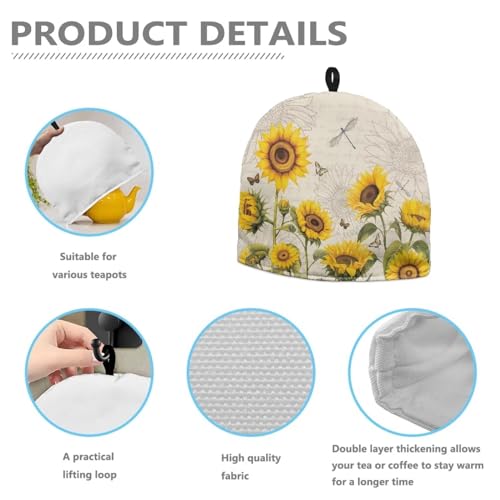 Image of Tea Pot Cosy Dust Cover Insulating Tea Pot Cozies for Teapots Kitchen Accessories Home Table Decorative Teapot Warmer Teapot Cozies Tea Cover, Sunflower Dragonfly Retro