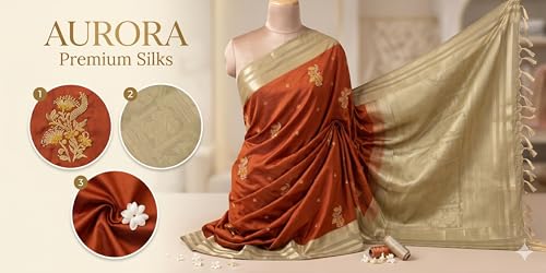 Image of Traditional soft Silk Saree, Rust Orange with Grey Border, Zari Woven Floral Motifs, Tassels