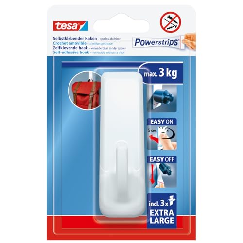 tesa Powerstrips Klebehaken XL Eckig - 1 x Haken, 3 x Powerstrips XL, Weiß