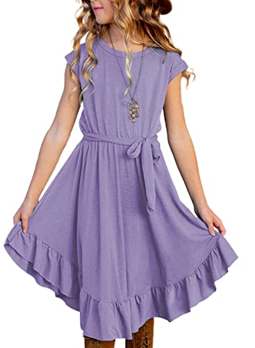 Eytino Girls Ruffle Maxi Dress Summer Crewneck Short Sleeve Fan Swing Long Dresses With Belt,12-13Y Purple #TOP29