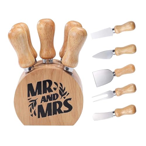 Qinwindeer Cheese Knife Set with Wooden Holder,Cheese Spreader Knives Set of 5 for Charcuterie Board,Charcuterie Boards Accessories Charcuterie Utensils Tools Git Box (Mr Mrs)