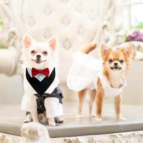 Hunde Smoking Bandana - Formelles Smokinghalstuch Verstellbar für Hochzeit, Haustier Anzug mit Fliege und Krawatte für Katzen, Geburtstag Kostüme
