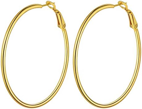 Small/Medium/Large Stainless Steel Hoop Earrings, Yellow Gold/Black Plated Circle Endless Hoops (30mm to100mm), Hypoallergenic Lightweight Geometric Earrings for Women Girls