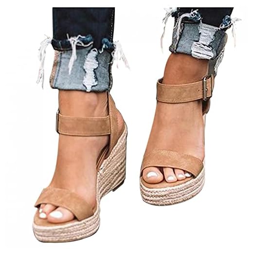 riou Sandalias Mujer Plataforma Verano 2022,Cuña Zapato Hebilla Punta Abierta Plano Zapatos Bohemias Romanas Hebilla Zapatillas-Variedad de Estilos (08 Marrón, 38 EU)