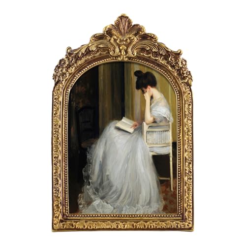 FOLKOR Classical Wall Art Prints with Vintage Gold Picture Frame, Girl Reading Canvas Oil Paintings Farmhouse Room Decor for Bedroom Study Room Dorm, Gift for Book Lovers Birthday Housewarming, 5x7