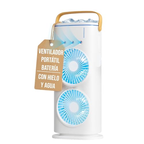 Ventilador Portatil Recargable, Ventilador con Hielo y Agua y Doble Cabezal 360°, Nebulizador Hielo 280 ml, Oscilante 90°/180°, Compacto Mochila, Sobremesa, Escritorio y Viaje