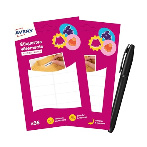 Avery étiquettes autocollantes Vêtements Blanches avec Marqueur – Lot de 72 (2 x 36) – Format 1,3 x 4,5 cm – autocollant Personnalisables, Résistant...