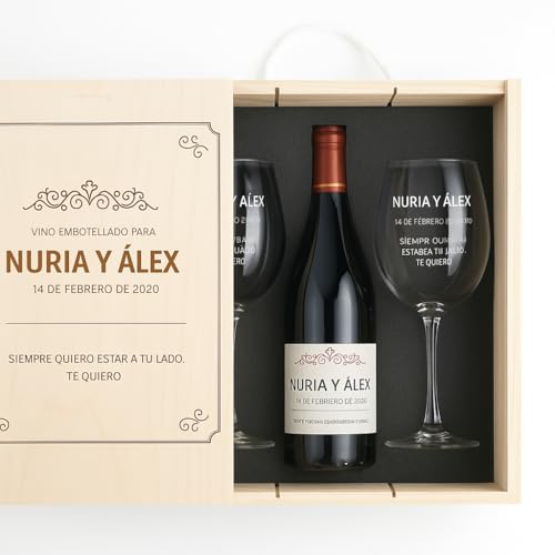CALLE DEL REGALO Kit de vinho personalizado com copos de vidro, caixa de madeira gravada e garrafa de vinho | kit personalizado para casal