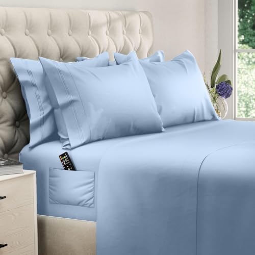 Image of DREAMCARE Full Size Sheets - 6 pcs Breathable Cooling Sheets Full Size Bed | up to 15 inch Deep Pocket Full Sheet Set with Side Pockets - Extra Soft Full Size Bed Sheets - Hotel Luxury Bed Sheets -LightBlue