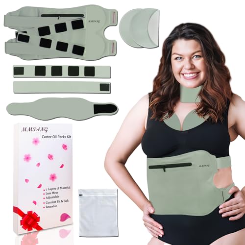 MMPANG 7-in-1 Castor Oil Packs Wrap Kit for Belly & Neck & Breasts Less Mess,Reusable, Soft, Comfort Sleep Fit, Adjustable Organic Cotton Flannel Castor Oil Compress Pad(Castor Oil Not Included)