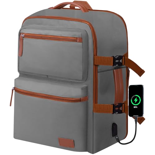 Expandable Travel Backpack Women Men with USB Charging Port, 15.6 Inch Laptop Backpack Waterproof Carry on Flight Approved for Travel Work Hiking College, Grey