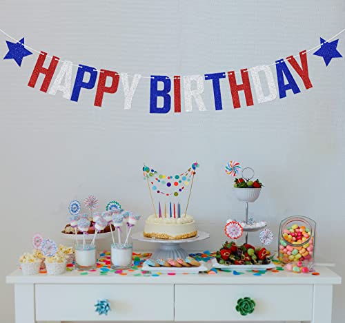 Image of 4th of July Happy Birthday Banner, Independence Day Birthday Party Decorations, Patriotic Independence Day Themed Birthday Decorations Blue Red White Glitter