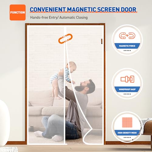 Image of MAGZO Screen Door Magnetic Fits Door Size 48 inchx 80 inch, Hands-Free Mesh White | 50 inch x 81 inch Magnetic Screen Door Mesh & Windproof Fastener, Pet Friendly Entry Door Screen Magnetic Closure