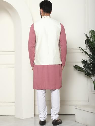 Image of SOJANYA (Since 1958 Men's Cotton Linen Maroon Kurta and White Pyjama with Mustard Cotton Nehru Jacket