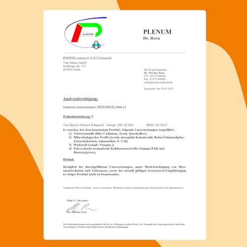Vitamin A – Retinol hochdosiert (10.000 I.E.) – 365 Tabletten (3.000 µg) – Vit A Kapseln Alternative – Direkt verwertbare Form – Vegan, ohne Zusätze, deutsche Produktion – TRUE NATURE®