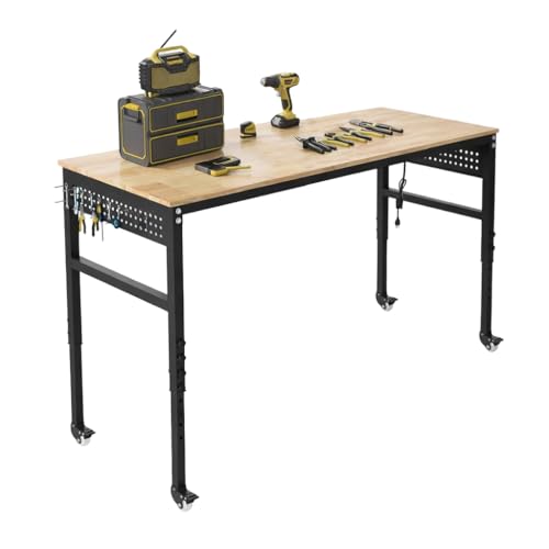 DNYKER 48\" Adjustable Heavy Duty Workbench with Power Outlets, Wheel & Pegboard, 2000 LBS Capacity Rubber Wood Top Work Table for Garage, Workshop, Home & Commercial