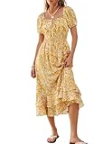 Damenkleid A Linie Kurze Ärmel Quadratischer Ausschnitt mit Rüschen Freizeitkleid Boho Festliche Maxikleid für Hochzeitsgäste Gelb weiß blumig XXL