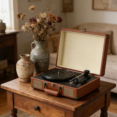 Bluetooth Record Player 3-Speed Portable Turntable with Built-in Speakers Belt-Driven Vintage Suitcase Design Multi-Input (USB/AUX/RCA/Headphone) Compatible with 7/10/12 Vinyl Records