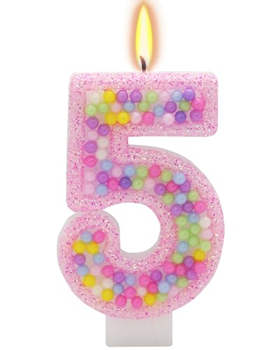 Pink Birthday Candles Number 5 Candle - Fun Candy Bead Cake Topper 5th Birthday Party Supplies for Girls Five Year Old Decorations