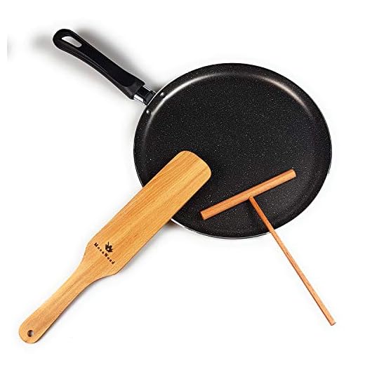 Black Crepe Pan, With PFOA Free Nonstick Coating - Made in Europe MarbTech Pan for Egg Omelet and Flat Pancake - Dishwasher Safe (10.23) - with Wooden Crepe Spreader and Spatula Set