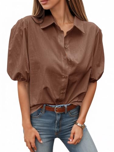 Tankaneo Women's Button Down Shirts Short Puff Sleeve Collared Dressy Casual Blouse Tops Coffee