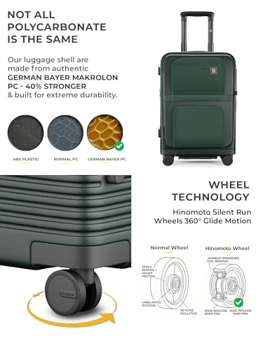 Image of EUME Aerotop Cabin Trolley Bag Small | Top Open Suitcase | Expandable Hard Polycarbonate Luggage | TSA Lock, Anti Theft Zipper, Silent Wheels | 16 inch inch Laptop Holder + Charging Port | 50L Green