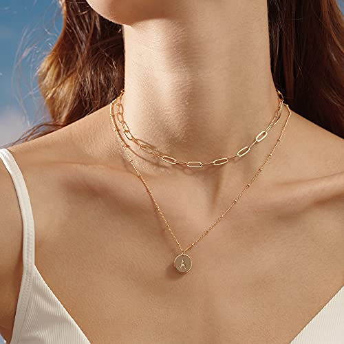 Mevecco Gold Initial Necklaces For Women 18K Gold Plated Minimalist Double Layered Letter Necklace Personalized Paperclip Link Chain Chokers Dainty Jewelry Gift For Her #TOP3