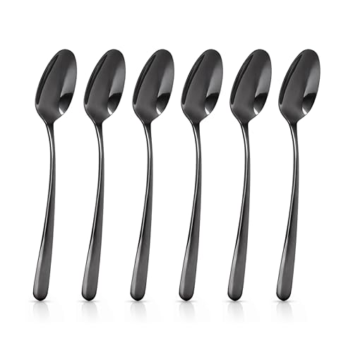 Image of Culinex 18 /8 Premium Stainless Steel 8.2 inch Black Dinner Spoon Set of 6 for Dining Table, Kitchen| Heavy, Rustproof, Designer Flatware By thinKitchen (Dora Series)