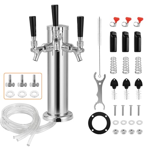 Dbgogo Triple Tap Draft Beer Tower, Stainless Steel 3'' Flange Brewing Tower Stainless Core Keg Tap Dispenser Self-Closing Faucet Spring 1/4'' Barb Fitting Kit for Kegerator Countertop Installation