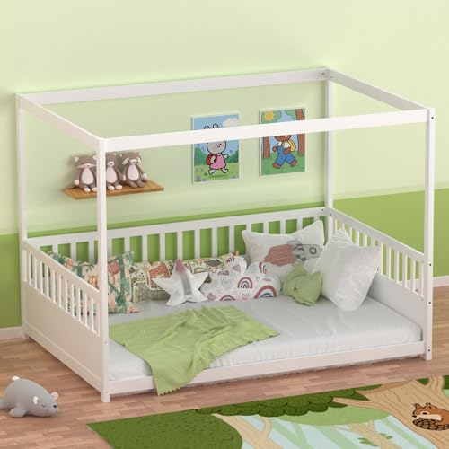 Lyngins Full Size Canopy Bed Frame with Guardrails for Kids