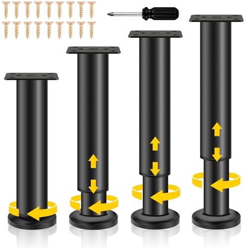 Ouxayapl Pieds de Meubles Réglables, 4 Pieds de Meubles Métal Noir, Pied Meuble, Pieds Universels Ajustables pour Meubles pour Canapé, Lit, Armoire, Table, avec Vis, Hauteur Réglable (25-43 cm)