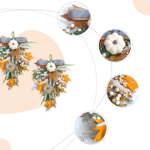 Image of 2PCS Fall Teardrop Swags 20inch Thanksgiving Wreath, Eucalyptus Berries Pumpkins Lamb Ears Leaves Autumn Wreaths for Front Door, Fall Decor, Porch Wall, Home Outdoor Holiday Decorations (C)