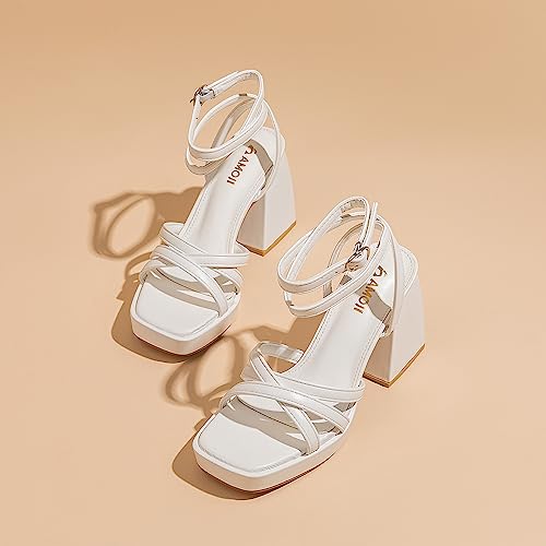 Amoji Women's Platform Heels Chunky Dressy Block Thick Heels Prom Wedding Shoes 305 White 11 Women4