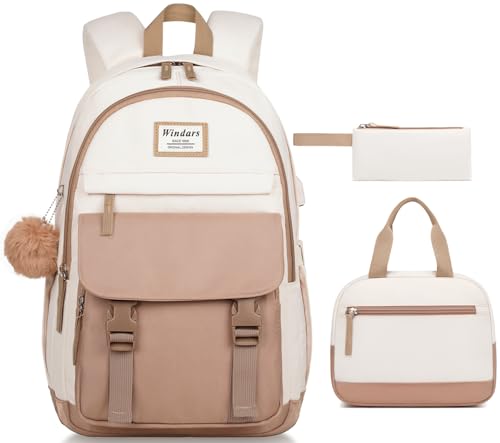 Image of WINDARS School Backpack with Lunch Box for Teen Girls, Cute College Backpacks for Women Students Aesthetic Bookbag Large 15.6 Inch Laptop Bag Middle School Travel Back Pack (Khaki Beige-3 Pcs)