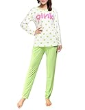VENTELAN Women's Girls' Long Sleeve Pink Printed Green Sleepwear Pajamas Set