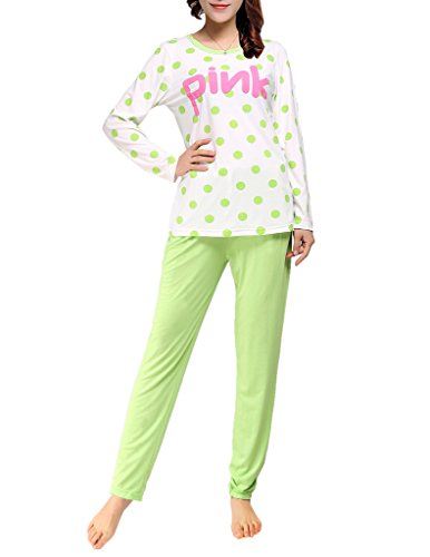VENTELAN Women's Girls' Long Sleeve Pink Printed Green Sleepwear Pajamas Set