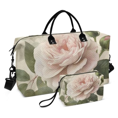 Large Travel Duffel Bag, Retro White Floral Sport Tote Gym Bag, Shoulder Weekender Overnight Bag for Women Men, Carry On Luggage with Toiletry Bag
