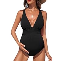 Happy Cherry - Bikini Bañador Embarazada de Una Pieza para Fotografía Mujer Premamá Ropa de Baño con Escote en V para Surf Playa Traje de Natacíón de Maternidad - L Negro