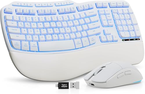 White Wireless Keyboard and Mouse Combo, Light up Ergonomic Keybo...